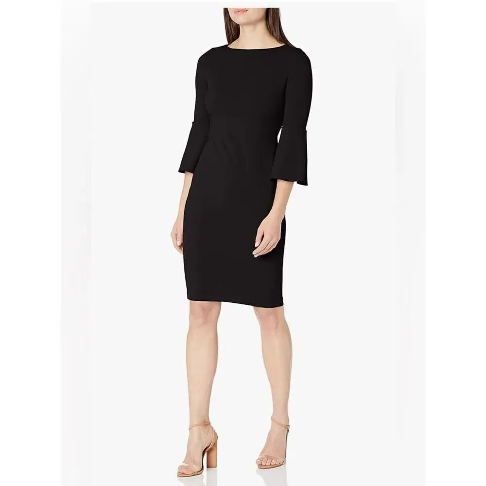 🛍️ Calvin Klein Black Bell-Sleeve Midi Dress Like New Size 8 - Picture 2 of 10